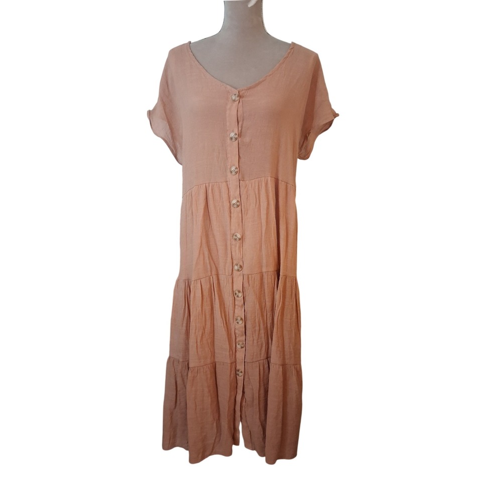 Perch Blu Pepper Peach Tiered Button Down Midi Dress Short Sleeve V-Neck PCR2101